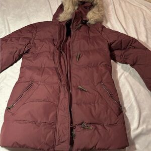 Women's Burgundy Puffer Jacket with Faux Fur Hood